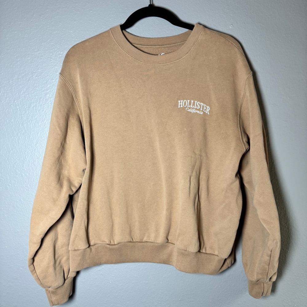 Hollister California Women Medium Tan Brown Fleece Crewneck Sweatshirt Logo